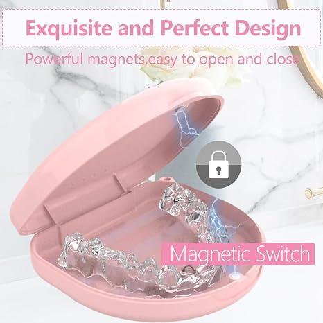 Retainer Case, Slim Aligner Cases for Invisalign, Mouthguard Case with Removal Tools& Aligners Chewies& Brush, Cases with Ventilation Holes and Silicone Wrist Strap for Portable Travel (Pink)