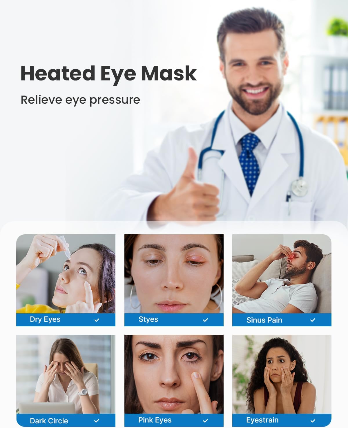 Heated eye mask relieving eye pressure, with various eye conditions listed