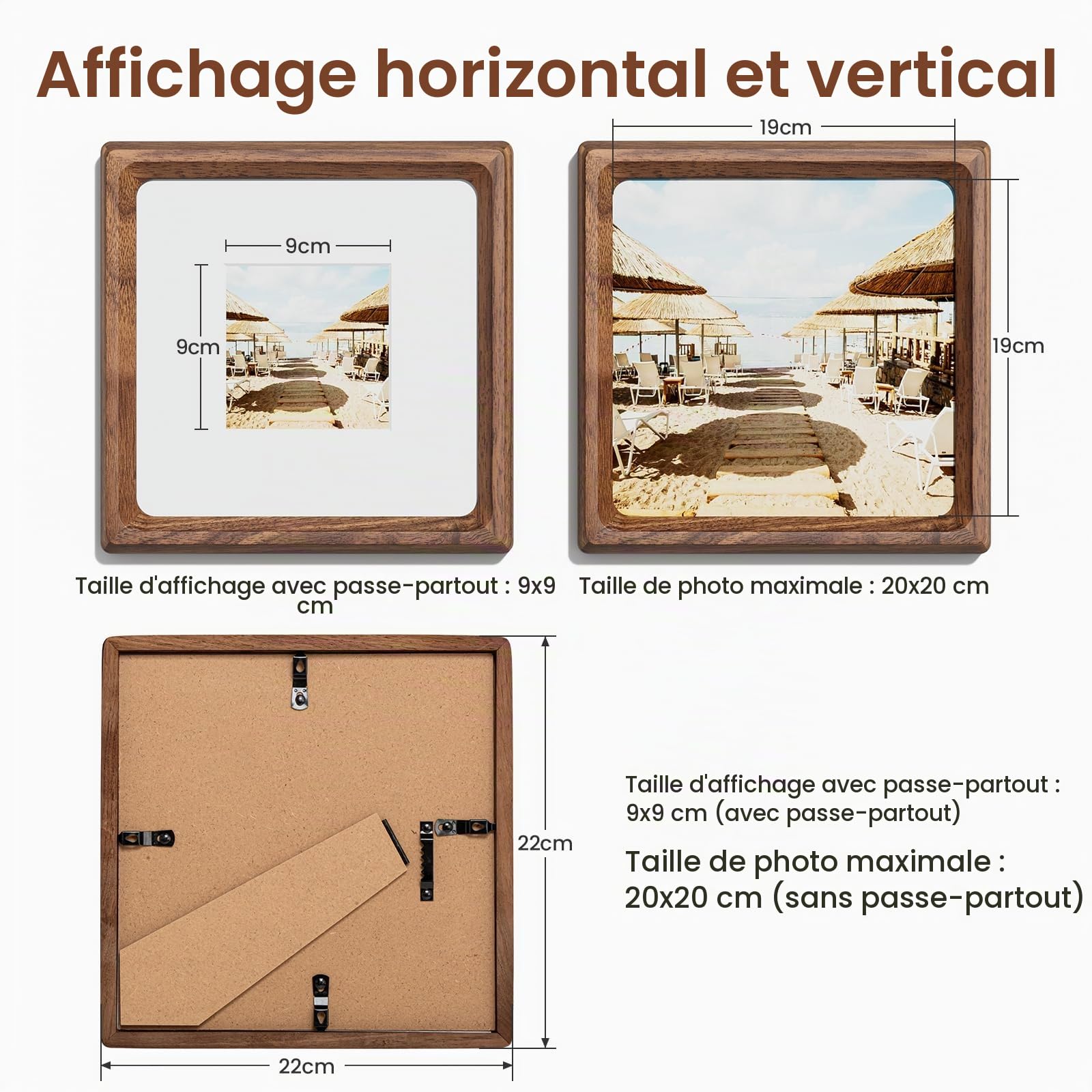 Cadre photo 20x20, Cadre photo en noyer naturel avec verre trempé, Cadre en bois carré de 20x20 cm ou 9x9 cm avec passe-partout pour photos, pour collages, décoration murale pour le mur ou le bureau