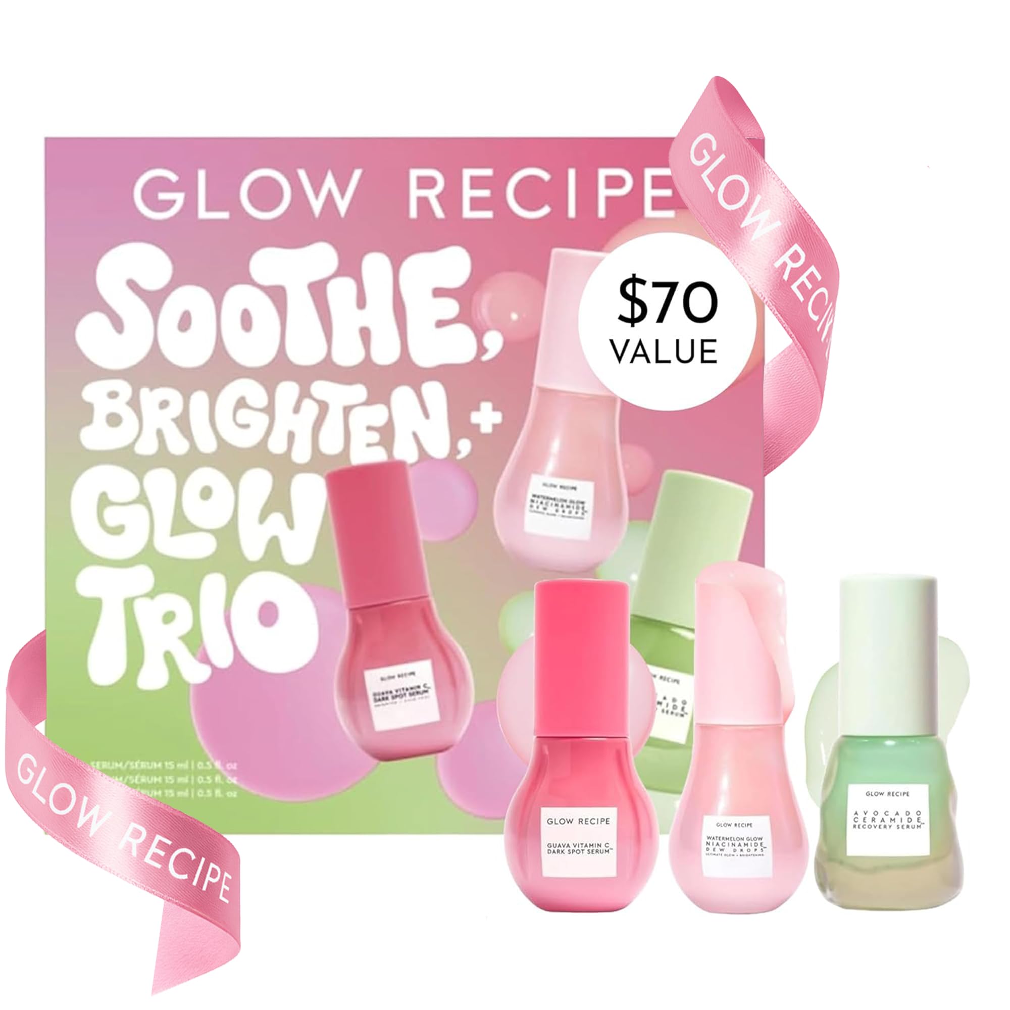 Glow RecipeSoothe, Glow & Bright Gift Set - Niacinamide Dew Drops Illuminating Primer & Avocado Ceramide Facial Serum & Guava Dark Spot Serum - Korean Skincare Travel Kit (3 Count)