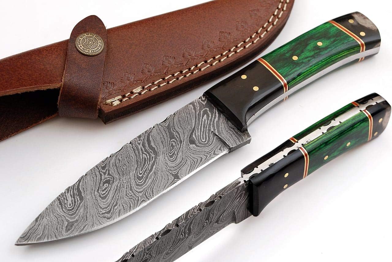 9 Inches Beautiful Damascus Knife Made Of Remarkable Damascus Steel Horn/Wood Handle -Best Hunting Knife With Brown Sheath TJ109