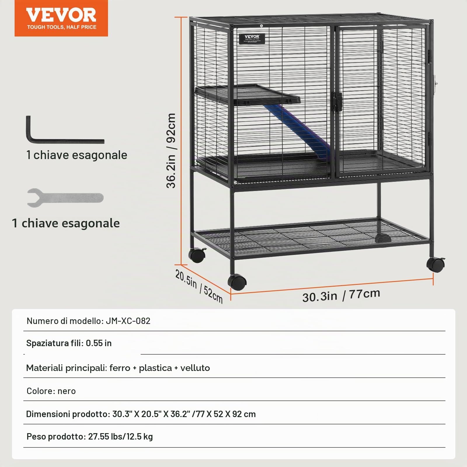 VEVOR Gabbia per Animali in Metallo Rotelle 920 mm, Grande Gabbia a 2 Livelli, Facile Installare Gabbia per Animali con Rampe e Vassoio, Ruote Bloccabili, Ampio Ripiano di Stoccaggio