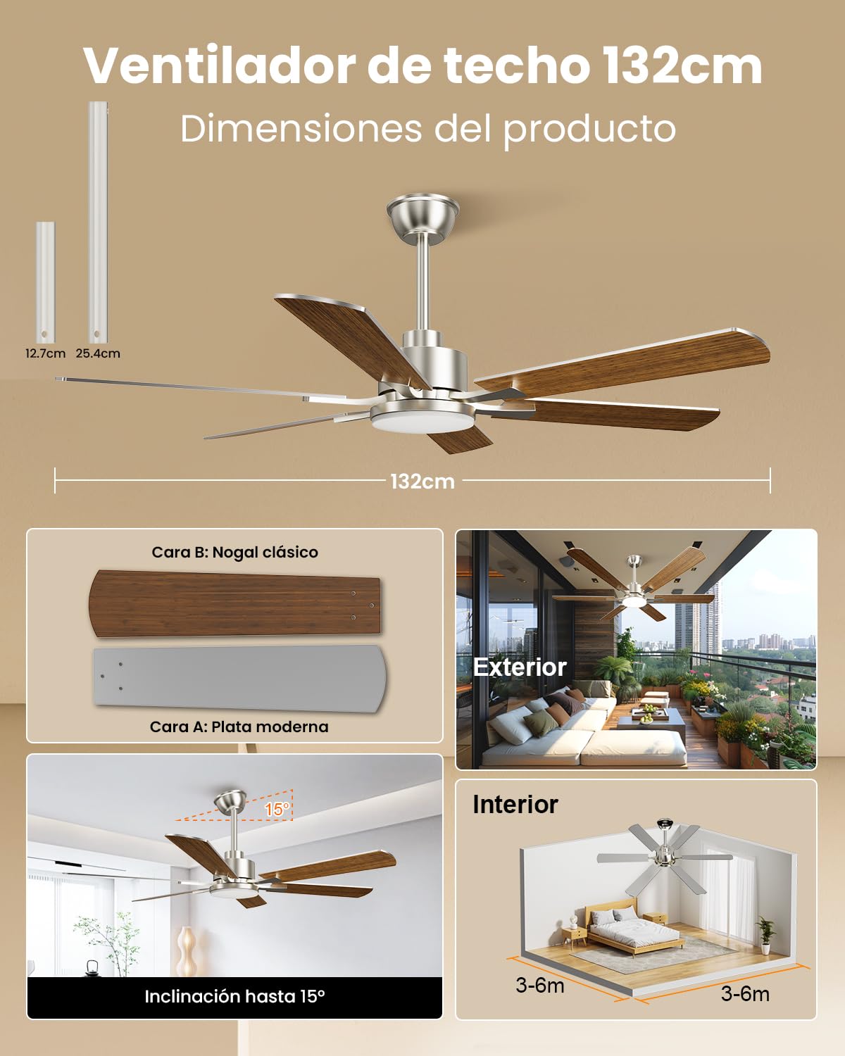 Airwit 132cm Grande Ventilador de Techo con Luz Doble Cara Aspas, Silencioso Ventilador Techo LED con Mando a Distancia y Reversible Motor DC para Dormitorio Salon