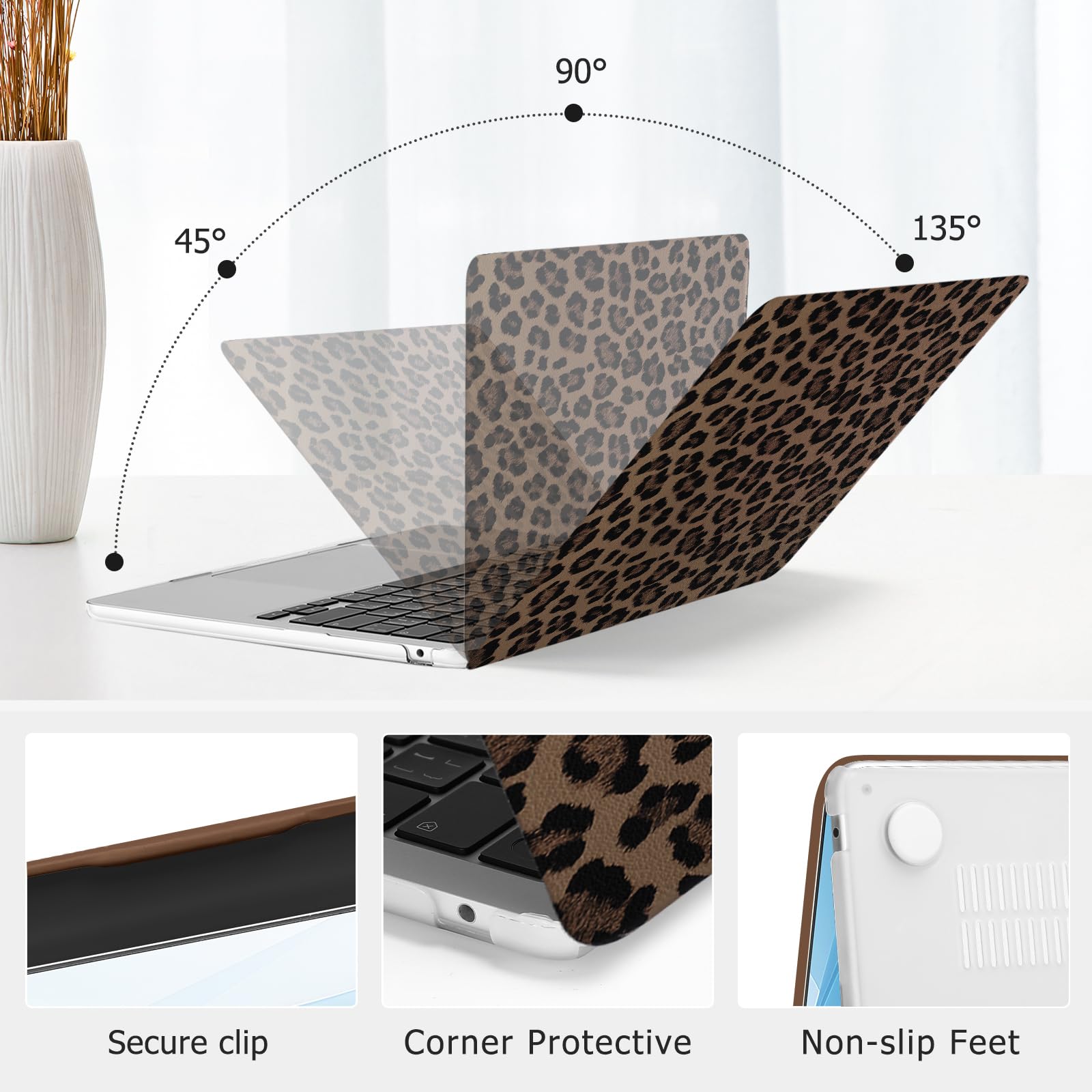 MOSISO Compatible With MacBook Air 13 Inch Case 2025-2022 M4 A3240 M3 A3113 M2 A2681, Anti-Fingerprint Cheetah Spots PU Leather Coated Hard Shell&Keyboard Cover For MacBook Air 13.6 Inch Case, Brown