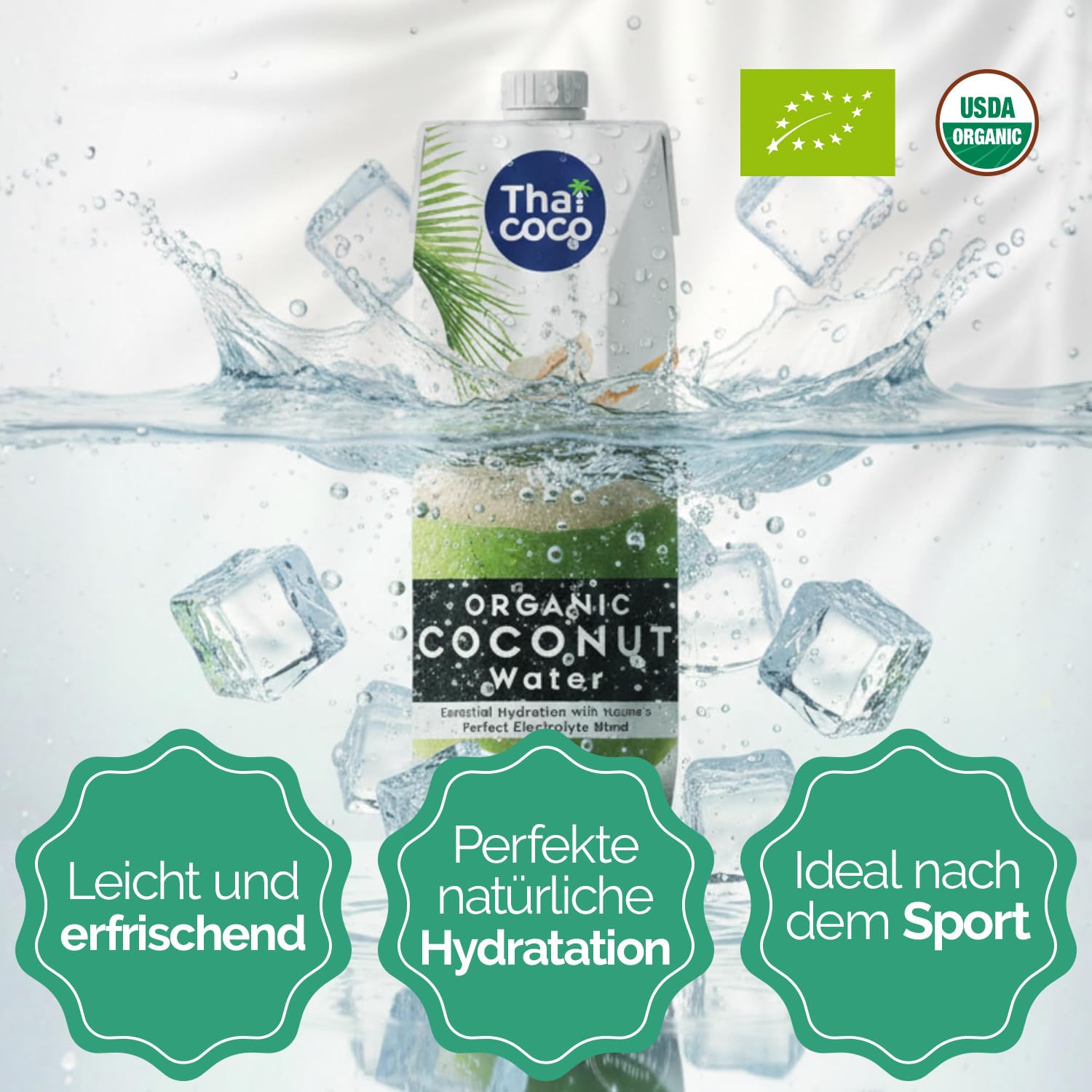 Thai Coco, agua de coco 100% pura, 12 x 1 l, procedente de Tailandia – Agua de coco natural con electrolitos – Sin azúcares añadidos ni conservantes – Bebida hidratante para el deporte y el día a día