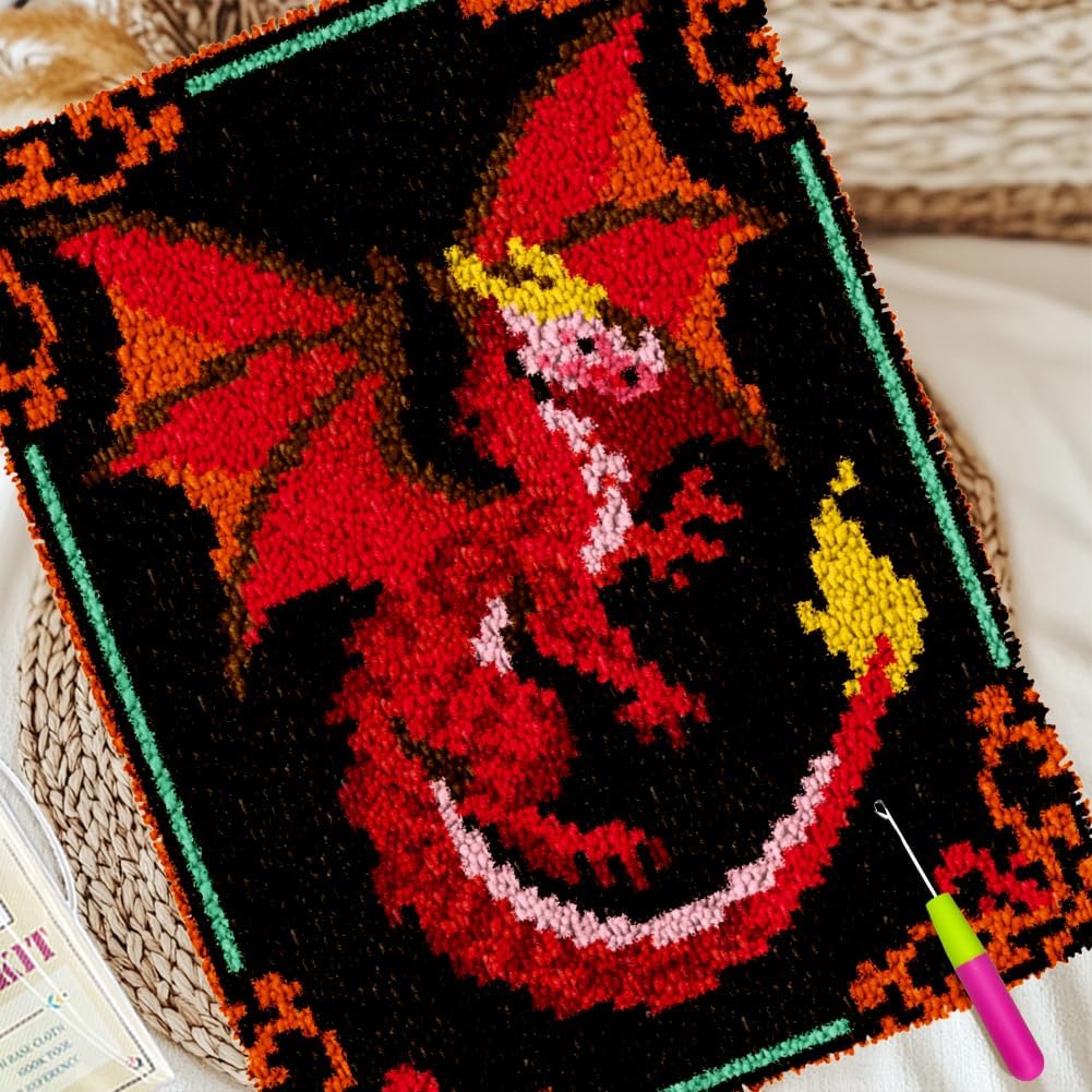ORIGACH Dragon Latch Hook Rug Kit for Adults Printed Rug Making Kit Handmade Carpet Tapestry Cover with Hook Latch and Preprinted Canvas, Home Arts Crafts Sofa Decor, 20.5x15inch