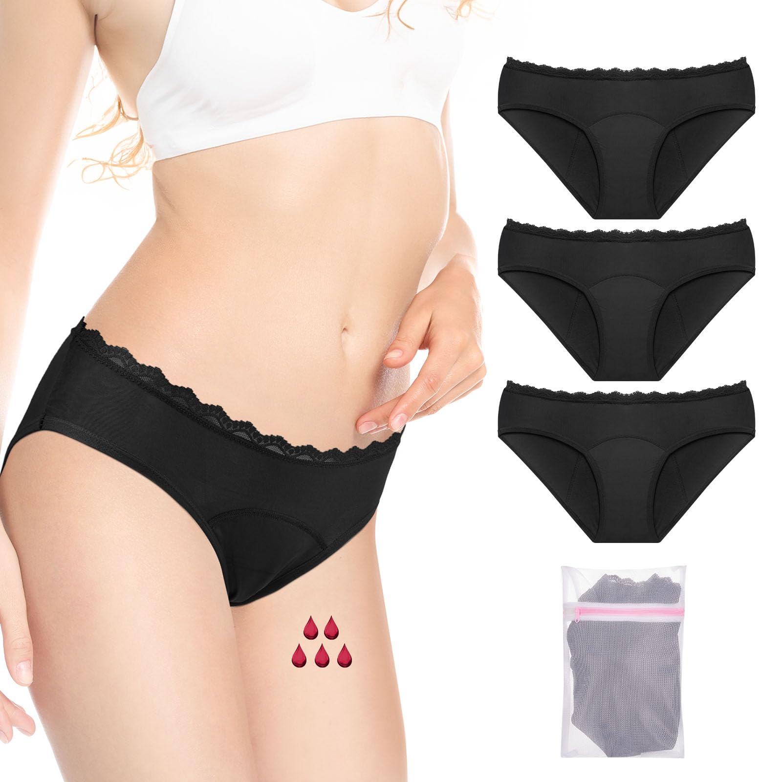 Rovtop Rovtop Braguitas menstruales, 30 ml de absorbencia, Braguitas menstruales absorbentes de 4 Capas a Prueba de Fugas para el período, posparto, recuperación, Bolsa de lavandería—XL(3 pcs)