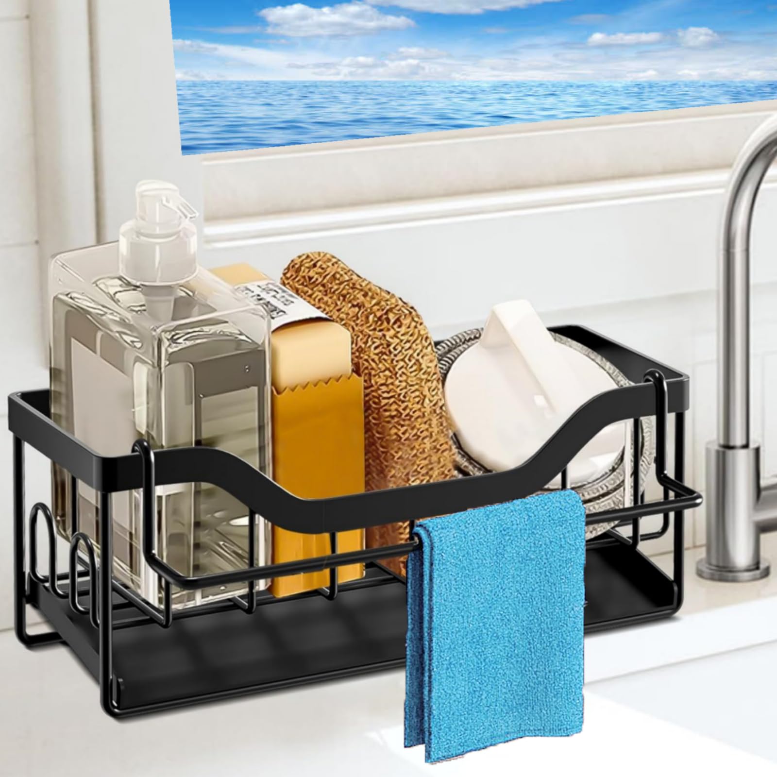 Sponge Holder for Kitchen Sink - Sink Caddy Organizer with Auto Drain Tray Detachable Towel Rack Stainless Steel