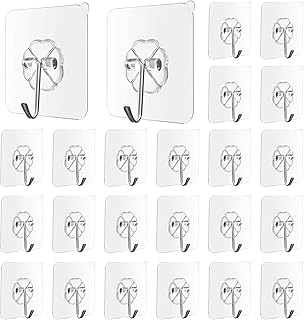 XCOZU 24 Pack Self Adhesive Hooks, Transparent Wall Hooks for Bathroom Kitchen Door Ceiling, Removable Seamless Sticky Hooks Waterproof and Oilproof, Heavy Duty Stick on Hooks (22lb/10kg)