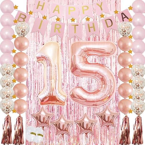 Decoraciones de cumpleaños número 15  Suministros para fiesta de cumpleaños número 15 globo de látex de confeti de oro rosa guirnalda de borlas