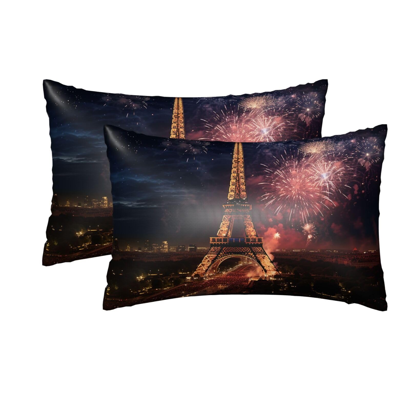 2 Pack Queen Silk Pillow Cases with Hidden Zipper, Luxury Soft Satin Pillow Covers for Hair and Skin, Eiffel Tower Fireworks Pillowcases 20"x30" Bed Pillow Protectors Cover for Sleeping Gifts