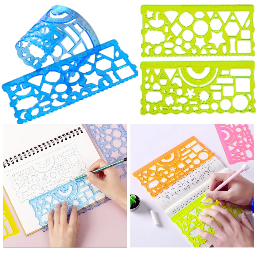 IncyWincy Kids Design Ruler 2-in-1 Set (12 Sets) – Transparent Multicolor Scales with Geometric Shapes & Circle Templates | Fun Birthday Return Gift & School Drawing Kit (Pack of 12)