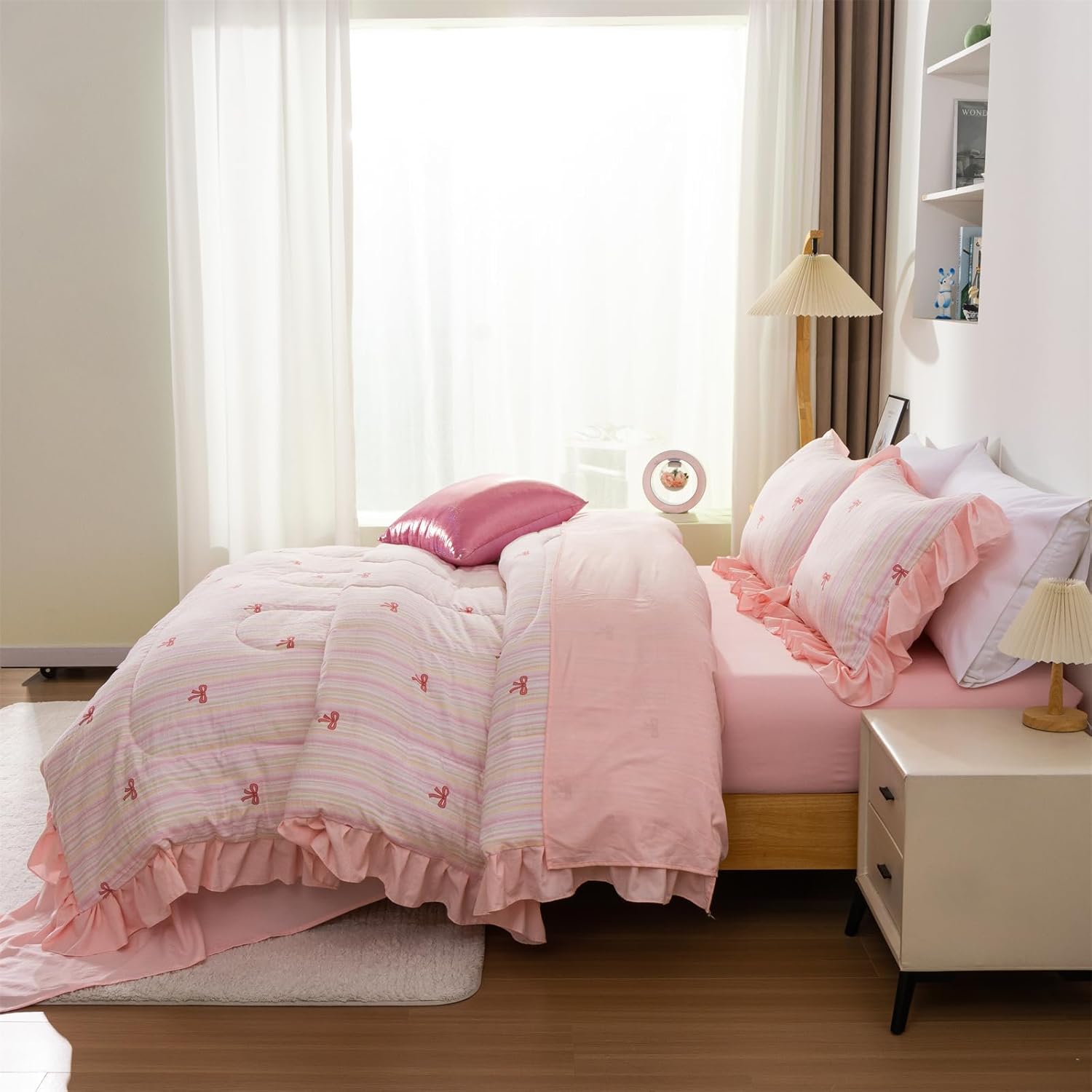 Aimuan Pink Bow Comforter Set 6 Piece, Cute Ribbon Bowknot Bedding Set, Princess Rainbow Comforter and Sheet Set Dreamy Lightweight Soft Bed Set for Girls (Pink Colorful, Twin 6Pcs) - Image 2