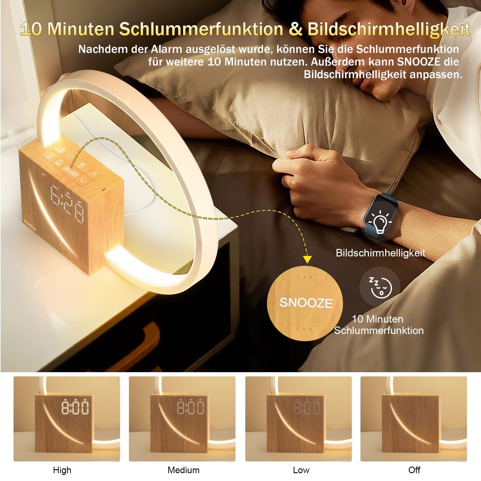 Blonbar 4 in 1 Lichtwecker Nachttischlampe mit Tageslichtfunktion Touch-Steuerung Dimmbar USB-Ladefunktion