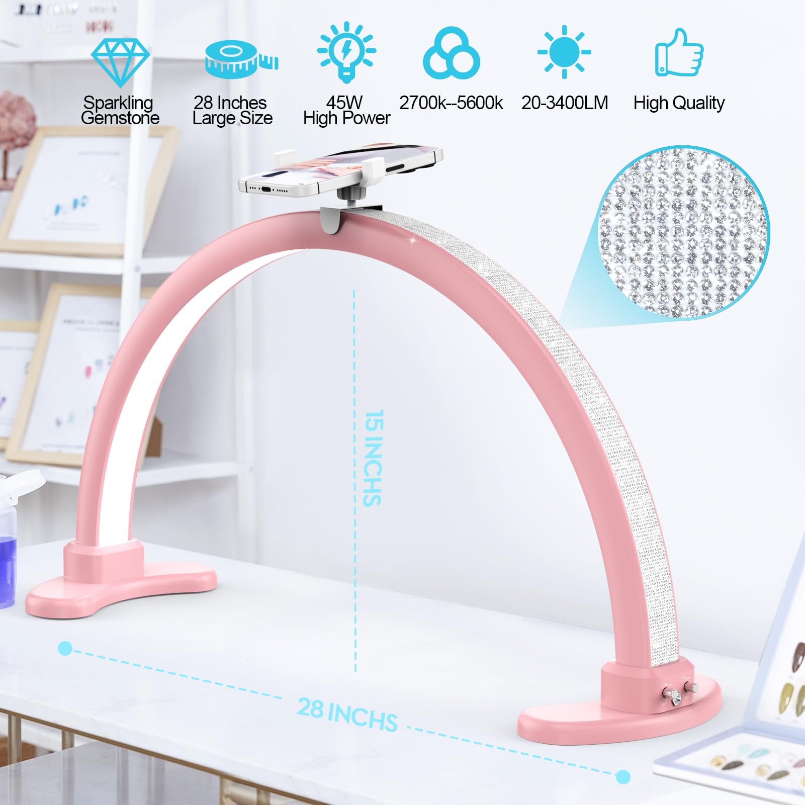 Grande luce LED a mezza luna per lampada da tavolo per unghie, luce ad arco per nail tech, con supporto per telefono, perfetta per manicure tecnologica per unghie (rosa)