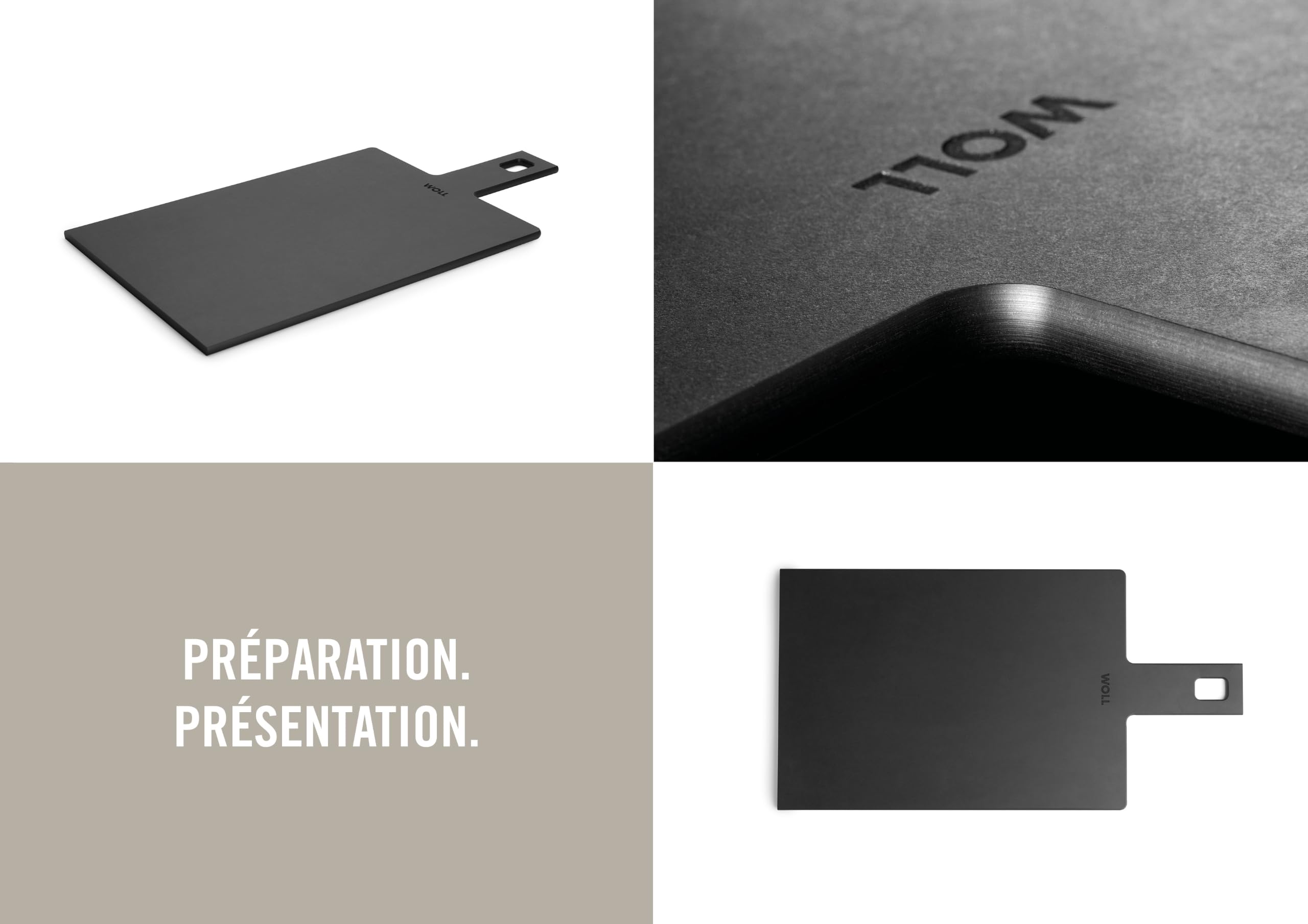 WOLL – Planche à découper Cut & Serve 44 x 23 cm avec poignée – composite papier certifié FSC – sans BPA ni COV – résistante à la chaleur – compatible lave-vaisselle, noir mat