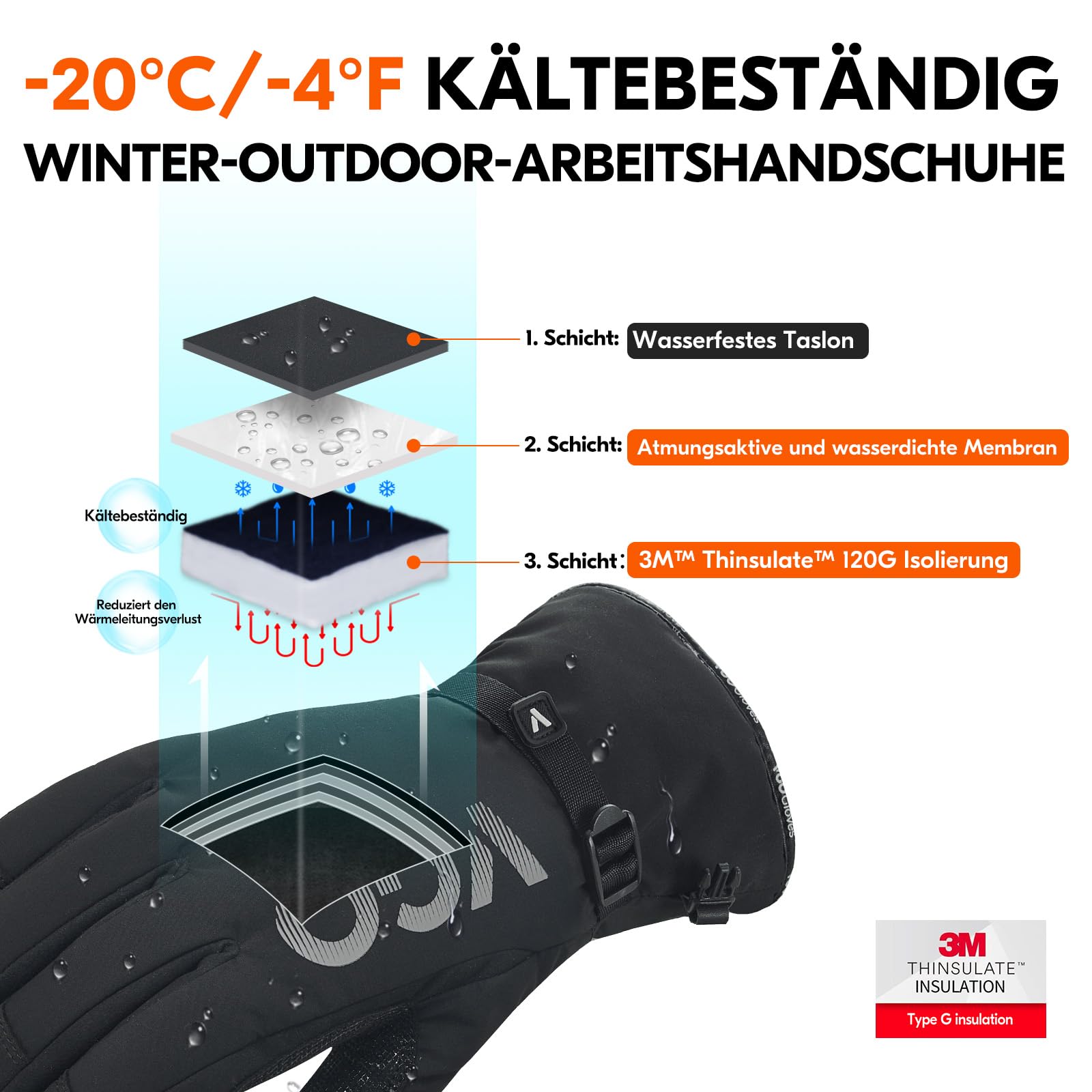 Vgo... 1 Paar wasserdichte Winterarbeitshandschuhe, Arbeitshandschuhe für kaltes Wetter，isolierte -20℃/-4°F Handschuhe(SL7761FLWP)