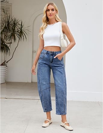 LookbookStore Barrel Jeans for Women High Waisted Cropped Wide Leg Trendy Baggy Distressed Stretchy Denim Jean Pants