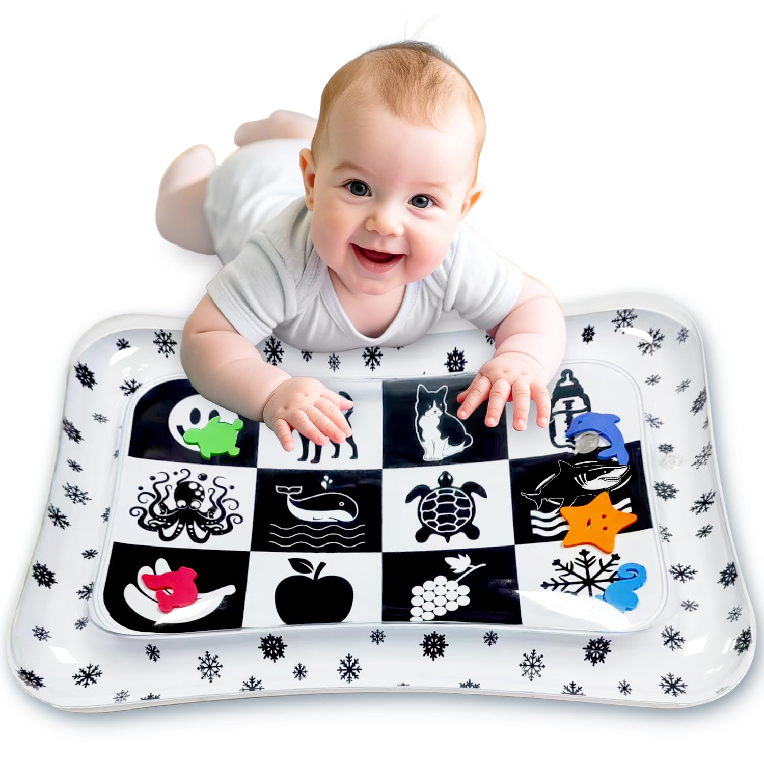 Infant Tummy Time Water Mat - Black and White High Contrast Play Mat for Newborn & Baby Sensory Development, Core Strength & Visual Stimulation - Premium Montessori Toys for Babies 1-9 Months
