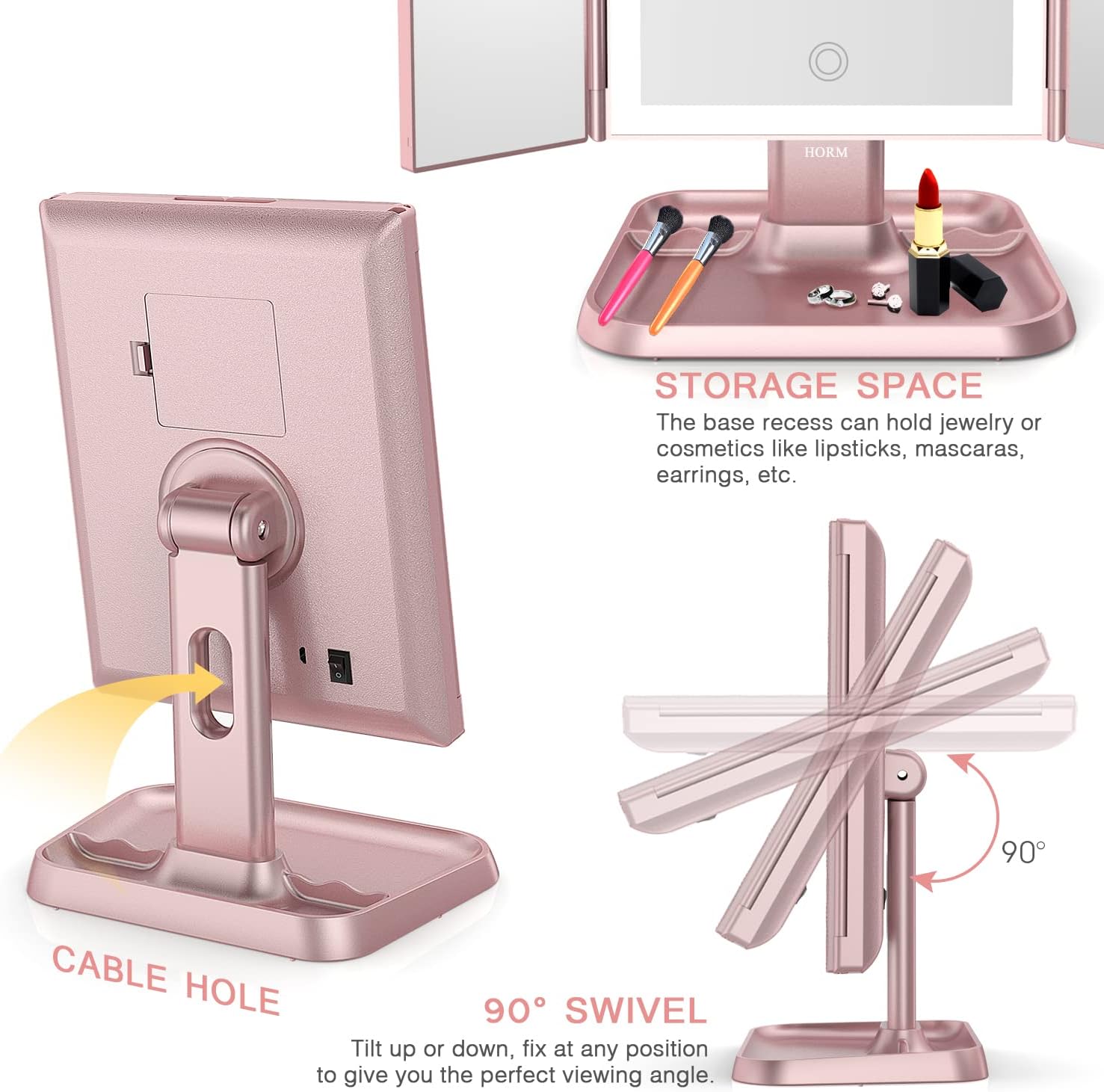 Makeup Mirror Trifold Mirror with Lights - 3 Color Lighting Modes 72 LED Vanity Mirror, 1x/2x/3x Magnification, Touch Control Design, Portable High Definition Cosmetic Lighted Up Mirror -