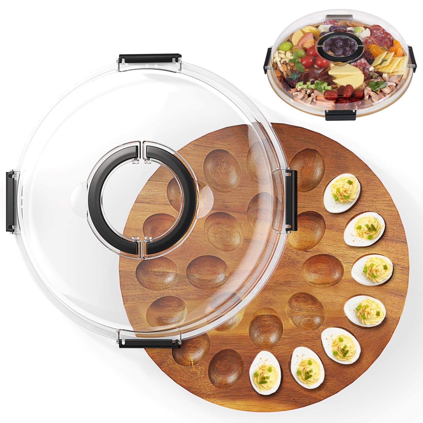 Eier Servierplatte mit Deckel, Servierplatte mit Fächern, Gefüllte Eier Servierplattes, Bambus Servierplattes, mit 24 Fächern und Klarem Acryl-Deckel, mit Tragegriff, für Snacks, Partys