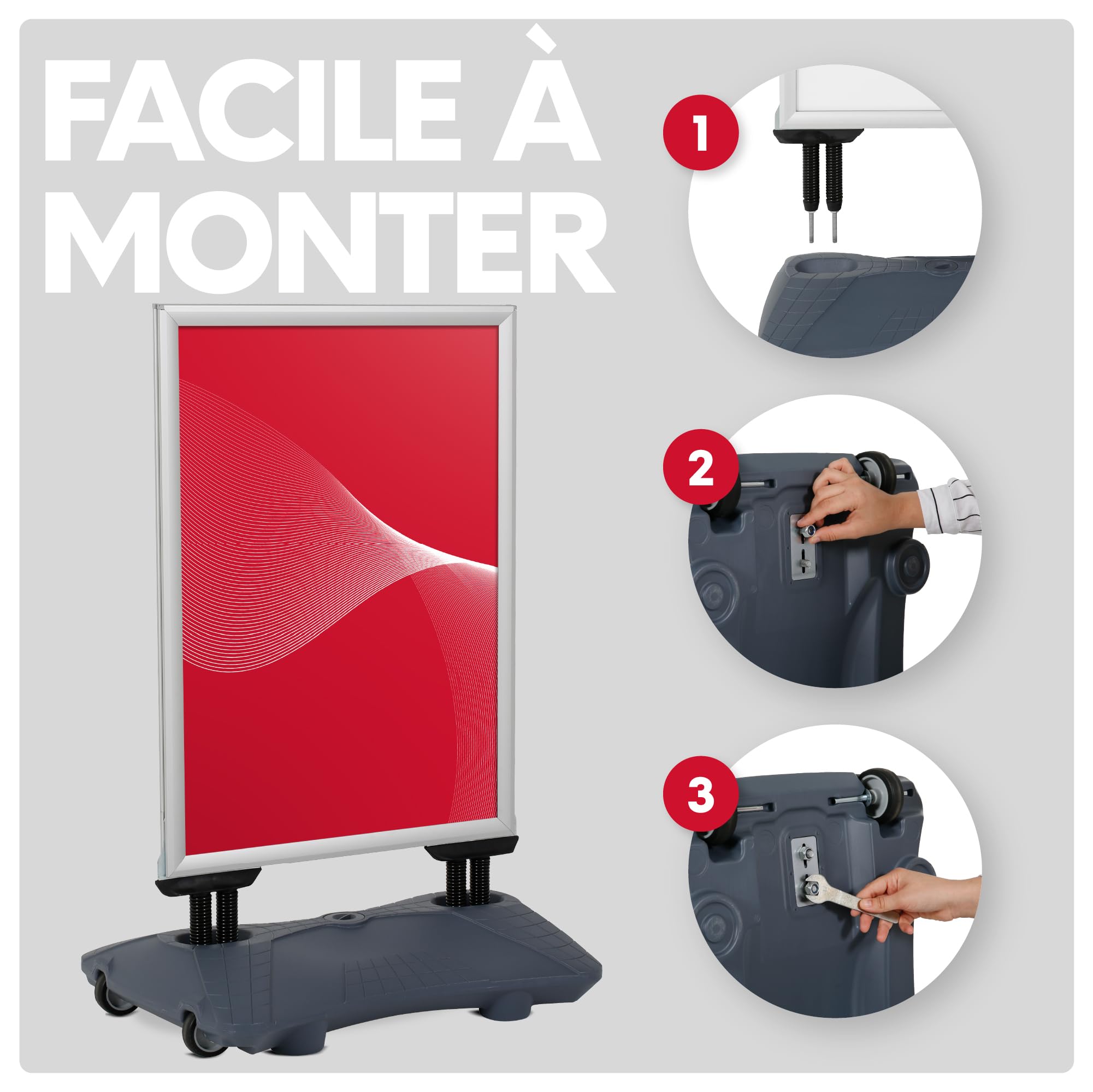 Présentoir publicitaire extérieur avec base rechargeable et roues | Support pour affiche avec cadre d'ouverture click | Idéal pour la publicité dans les rues et les commerces | A1 | Gris