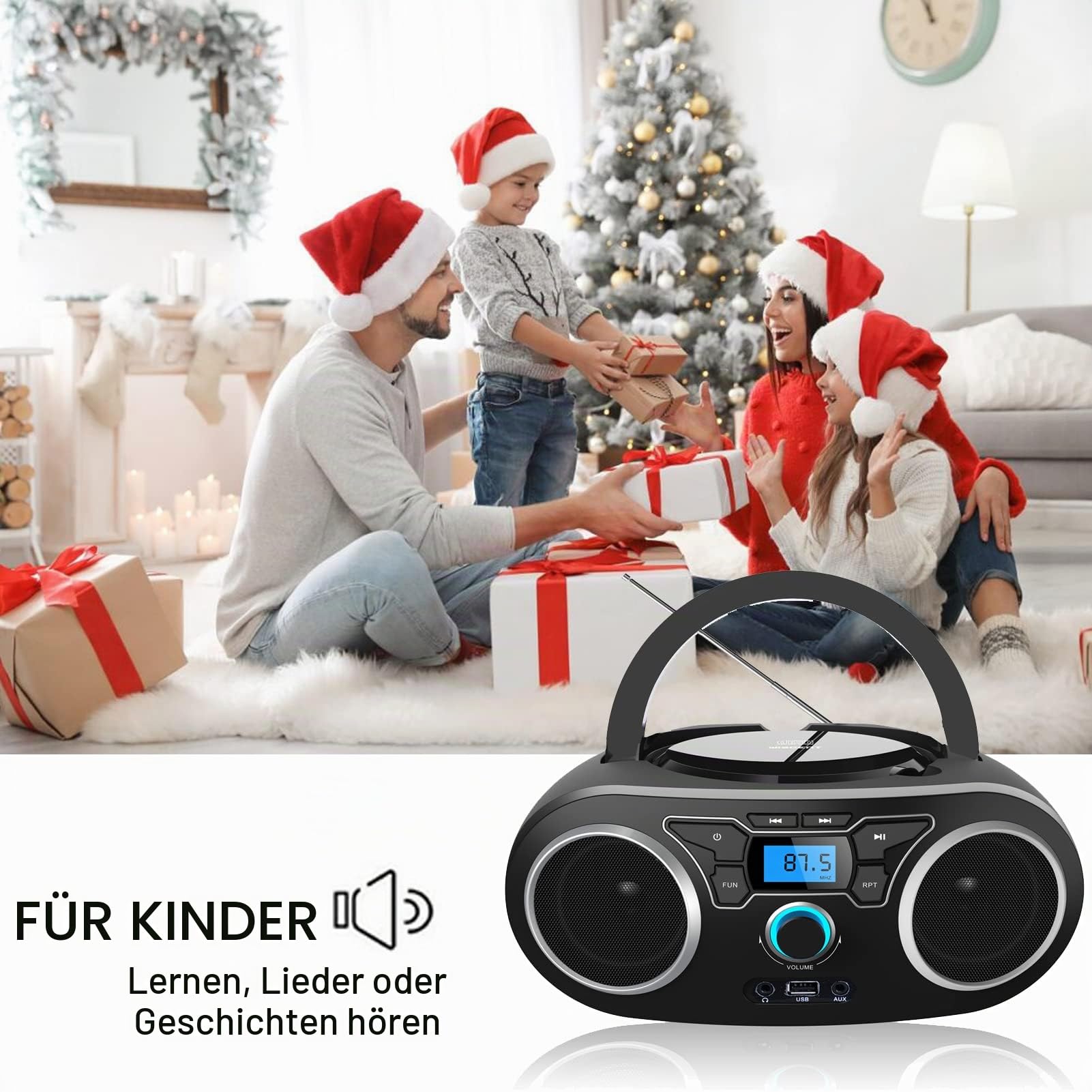 Tragbares CD Radio (CD-Player, Boomboxen, UKW Radio, USB, Batterie/Netzbetrieb, Kopfhöreranschluss, AUX-In, 2x2 W),CD Spieler für Hause oder draußen