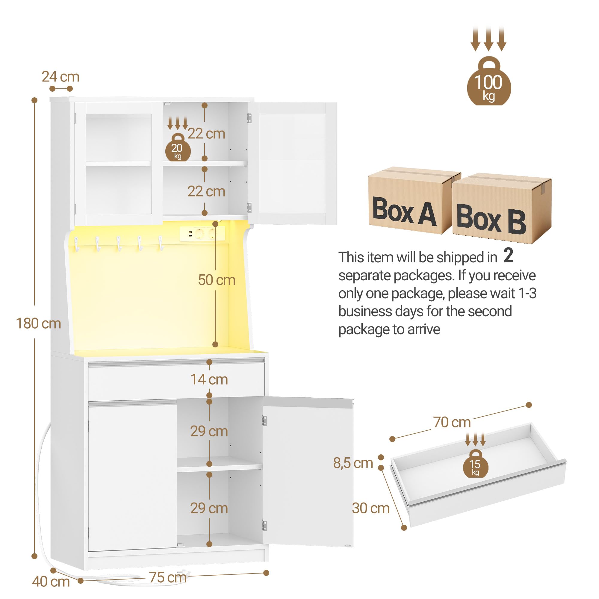 Hzuaneri Aparador Cocina, Armario de Cocina, Armario de Almacenamiento, con Regleta de Enchufes y Tira de Luz LED, Encimera y 4 Armarios de Almacenaje, Estantes Regulables, 40x75x180cm, Blanco