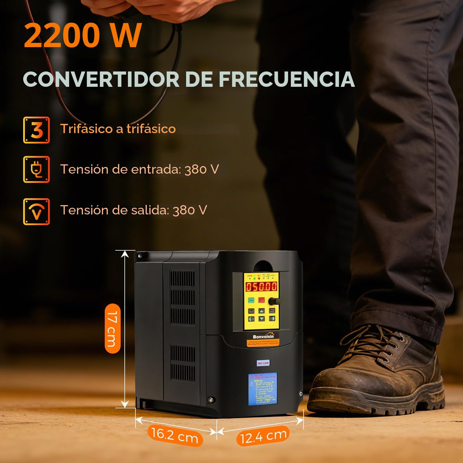 Bonvoisin Variador de Frecuencia Trifasico, 380V 2,2kW, Entrada Trifásica | VFD, 3HP, Regulador de Velocidad, Control Vectorial para Motor de Husillo CNC y Motores Industriales, Cable de Panel 100cm
