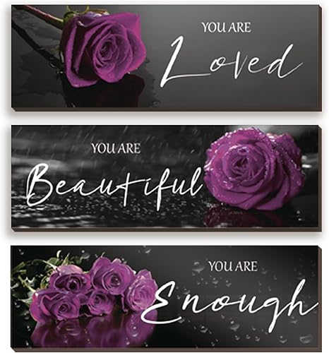 Miniatura 8 de 3 piezas de decoración de pared azul inspiradora con rosas azules, decoración de baño, arte de pared de madera, citas positivas You Are Loved You