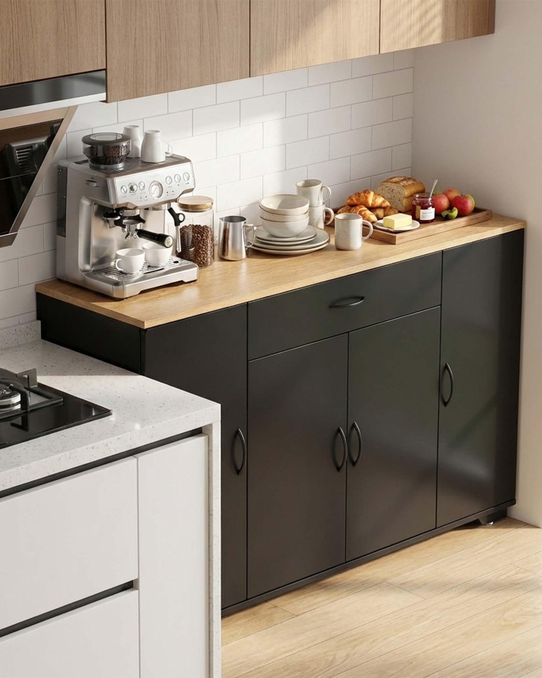 Küchenschrank mit Arbeitsplatte Schwarz Küchenkommode 110 x 30 x 70 cm mit Schublade und 4 Türen Küchenunterschrank schmal freistehend Sideboard Stauraum Küche Esszimmer