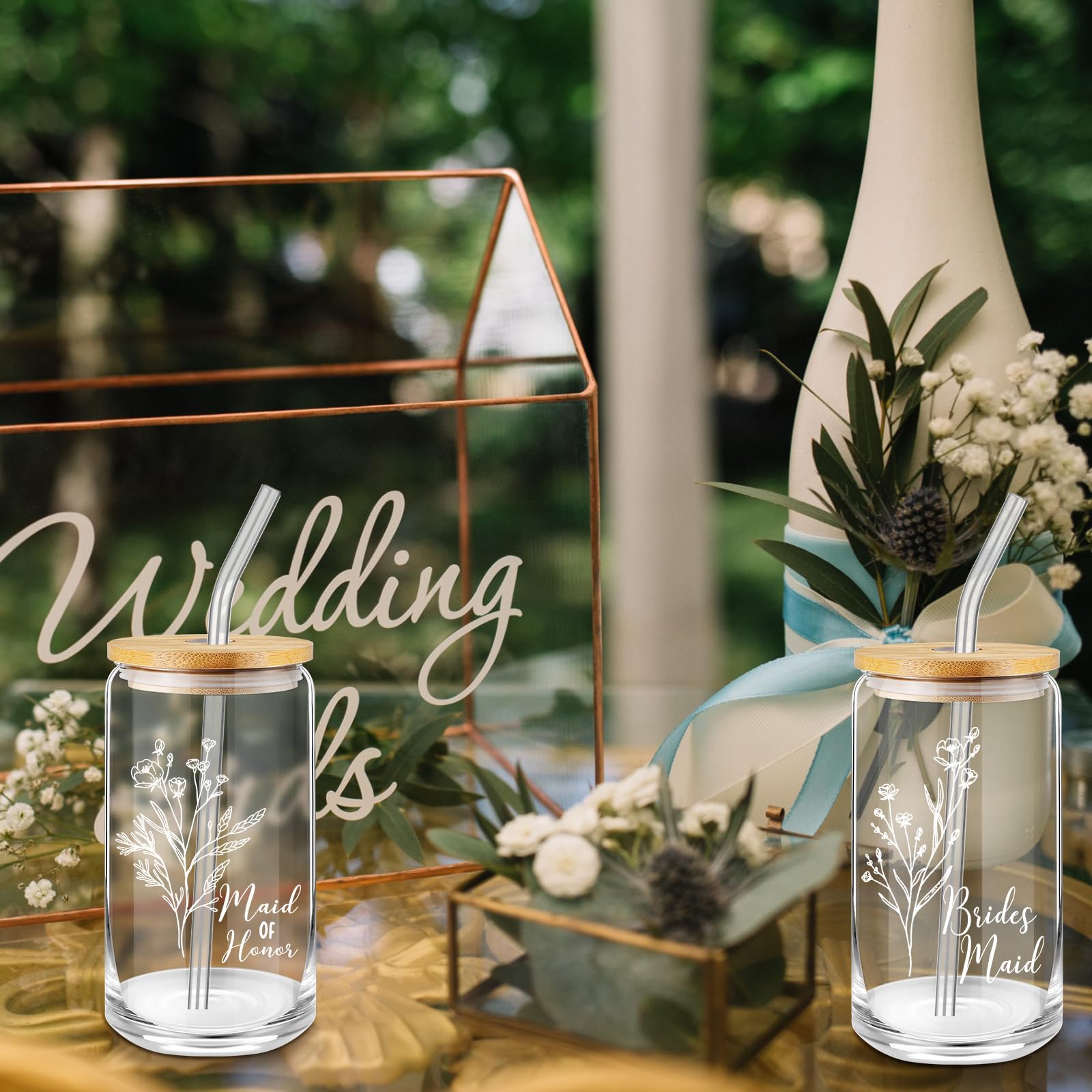 Amazon.com | Layhit 3 Pcs Bridesmaid Gifts Bridesmaid Proposal Gifts 16 Oz  Cute Can Shaped Drinking Glasses with Bamboo Lids and Glass Straw Iced Coffee  Cup Mason Jar Cups for Engagement Wedding