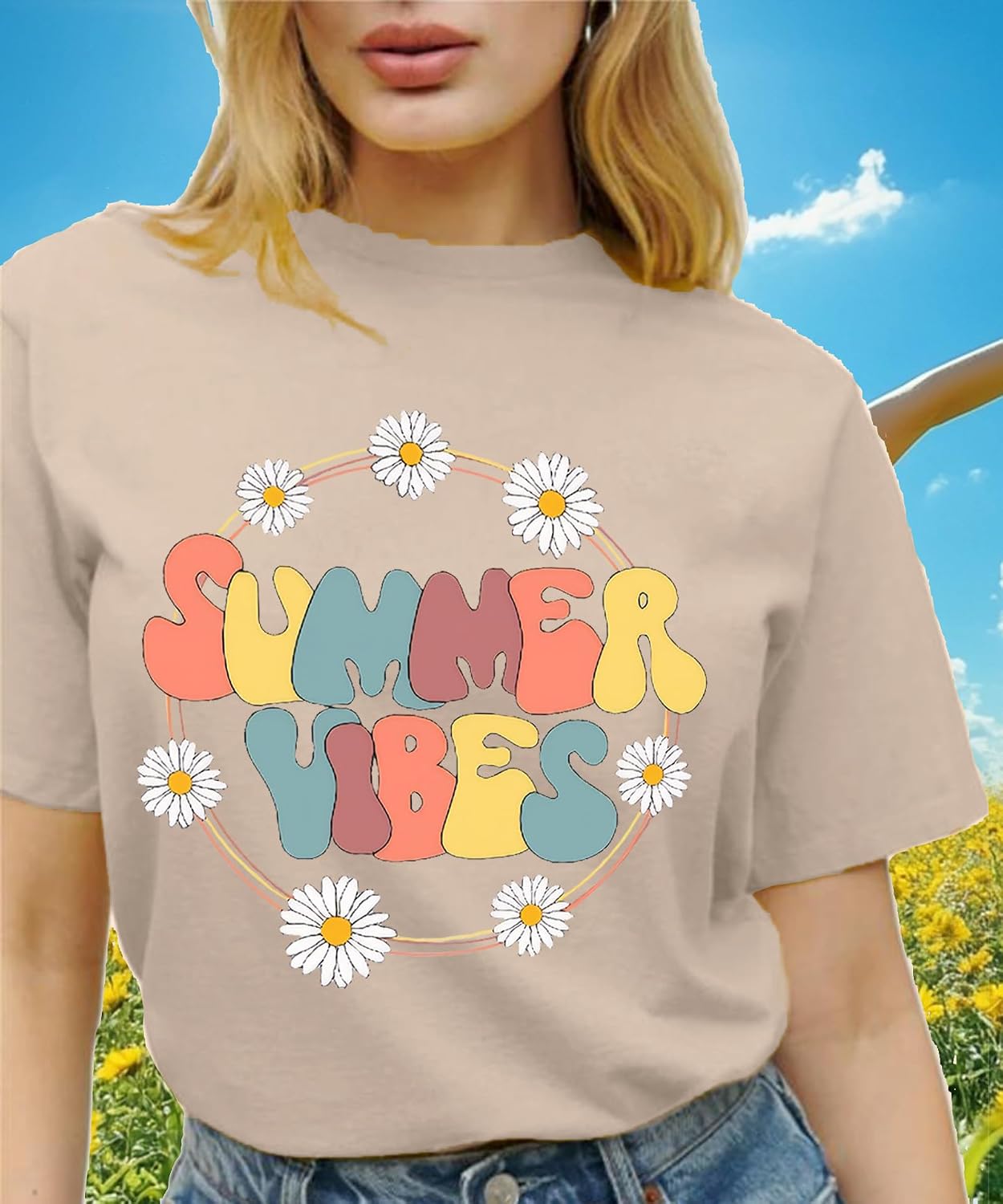 Flower Graphic T Shirts for Women Casual Floral Print Short Sleeve Tee Top image 3