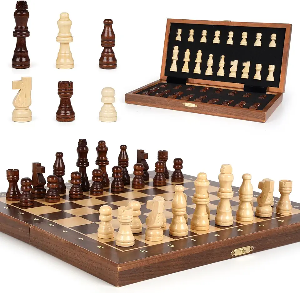 Magnetic Travel Chess Set 12-inch Wooden Magnetic Chess Board 2 Extra Queen Folding Chessboard for Storage Toys &amp; Games for Adults Vintage Chess Game – Family Board Games Educational Toy Sets