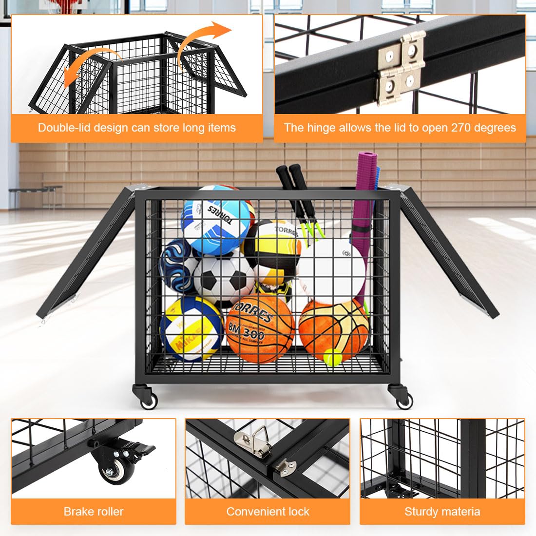 Ballwagen mit Rollen,Gitterwagen mit Deckel,Abschließbarer Ball-Aufbewahrungswagen,Ballbox,Ballregal,Ballkorb,Regal Sportgeräte für Basketball,Fußball,Volleyball,Gymnastikball,Tennisball