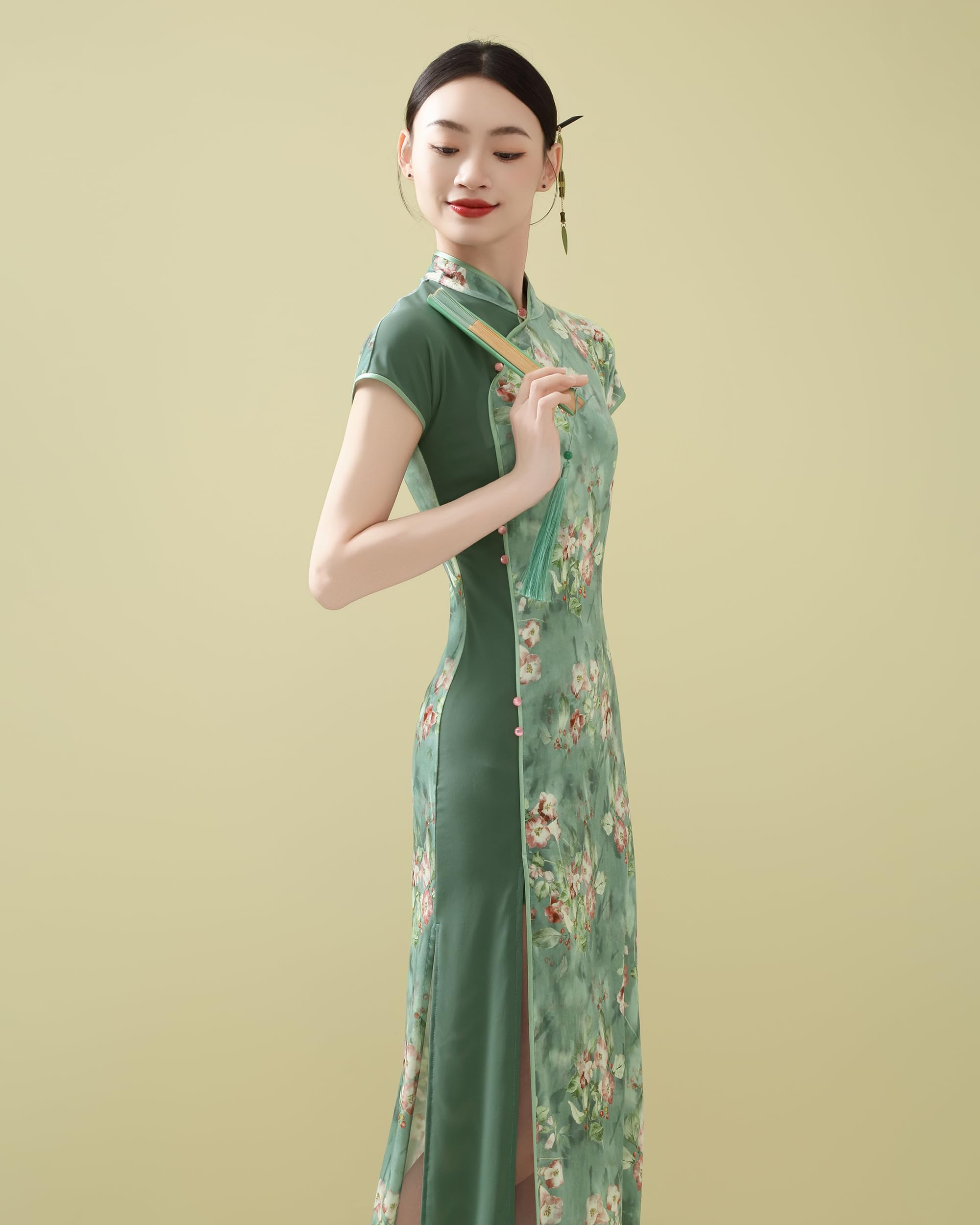 ROYAL SMEELA Robe Cheongsam Longue Femme en Velours,Qipao Chinoise avec Col Mandarin et Manches Courtes