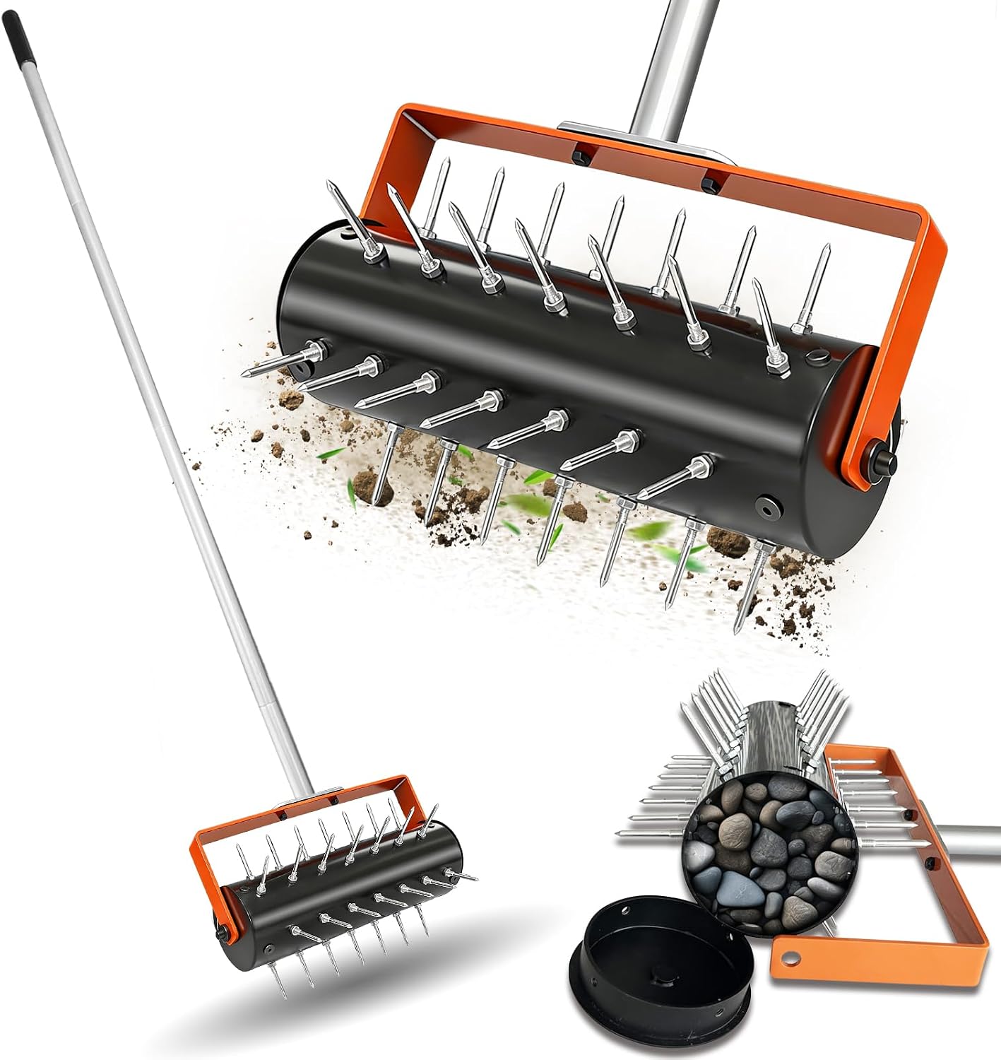 Rolling Lawn Aerator Tool Heavy Duty Manual Push Aerator Lawn Tool with 42 Spikes Lawn Aerator Spike Tool for Maintaining Garden Yard Soil Health