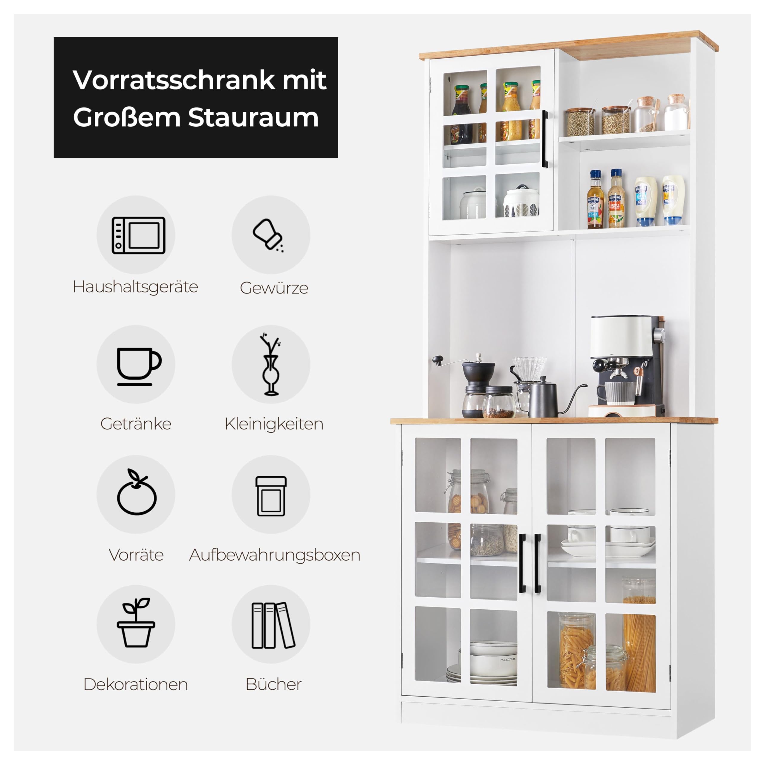 Yaheetech Küchenschrank, Hochschrank mit Schrank, Mehrzweckschrank mit verstellbaren Einlegeböden, Vorratsschrank mit Glastüren, Geschirrschrank mit Offenen Ablagefächer, Weiß