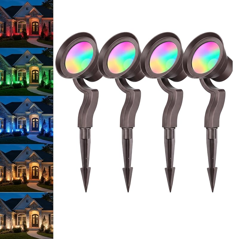 4-Pack RGBCW Wall Wash Dimmable LED Low Voltage Landscape Lights | 9W, Landscape Spotlights Outdoor, 12-24V AC/DC, Color Changing, IP65, ETL Listed, Aluminum