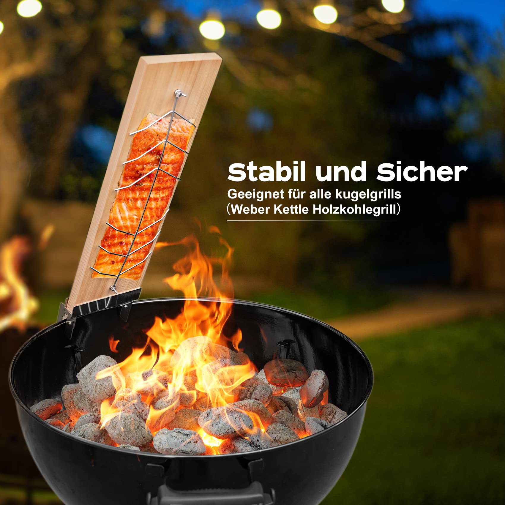 onlyfire Flammlachsbrett, 2er Set Flammlachsbretter mit 4-Fach Verstellbare Edelstahl-Halterung, Grillzubehör für Feuerschalen und Kugelgrill, Beidseitig Verwendbar, Wiederverwendbar