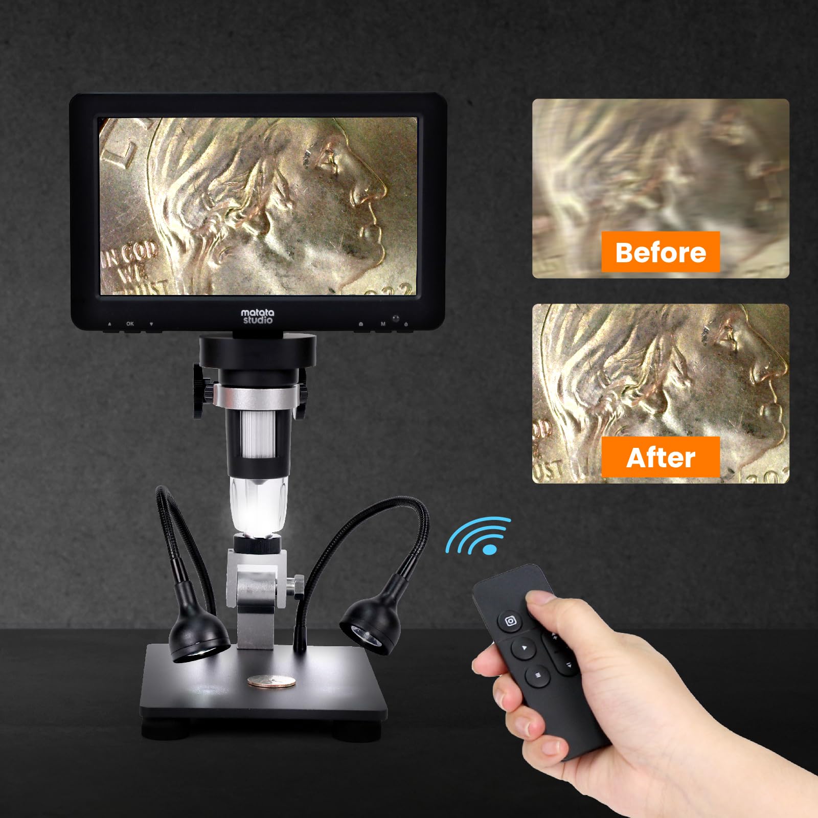Matatastudio Microscopio digitale MT2 1200X HDMI con schermo IPS HD da 7'', Microscopio di saldatura con lente d'ingrandimento per monete 1080P per bambini e adulti, 10 luci LED, compatibile con