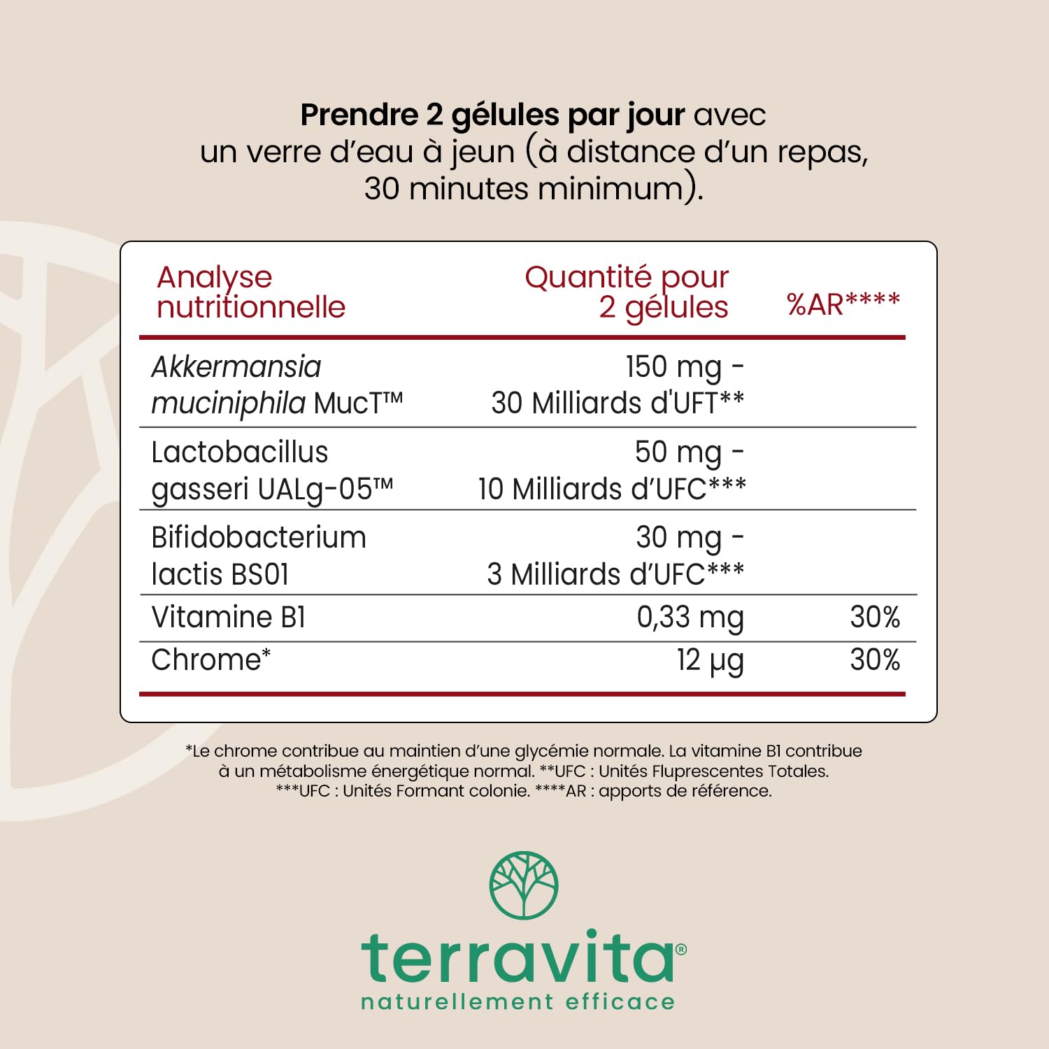 Akkermansia MucT® 30 Milliards + L. Gasseri 10 Milliards | Avec Vitamine B1 et Chrome | Régulation Glycémie + Digestion + Satiété | 60 Gélules | Made in France | Terravita