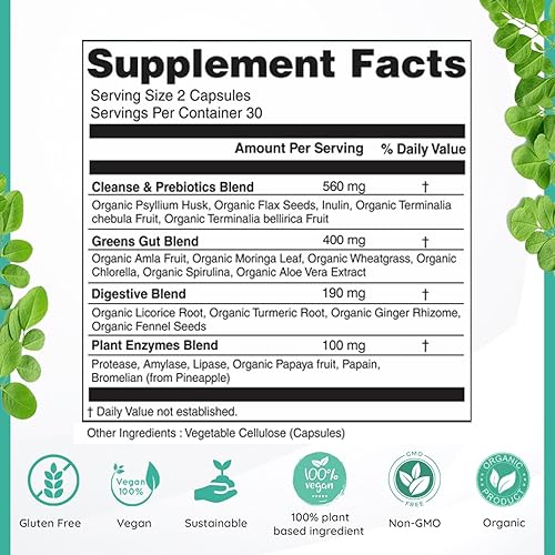 Miniatura 2 de Super Greens Suplemento de limpieza total para la salud intestinal, digestión y colon – Todo en uno Superalimentos orgánicos, cúrcuma, papaya