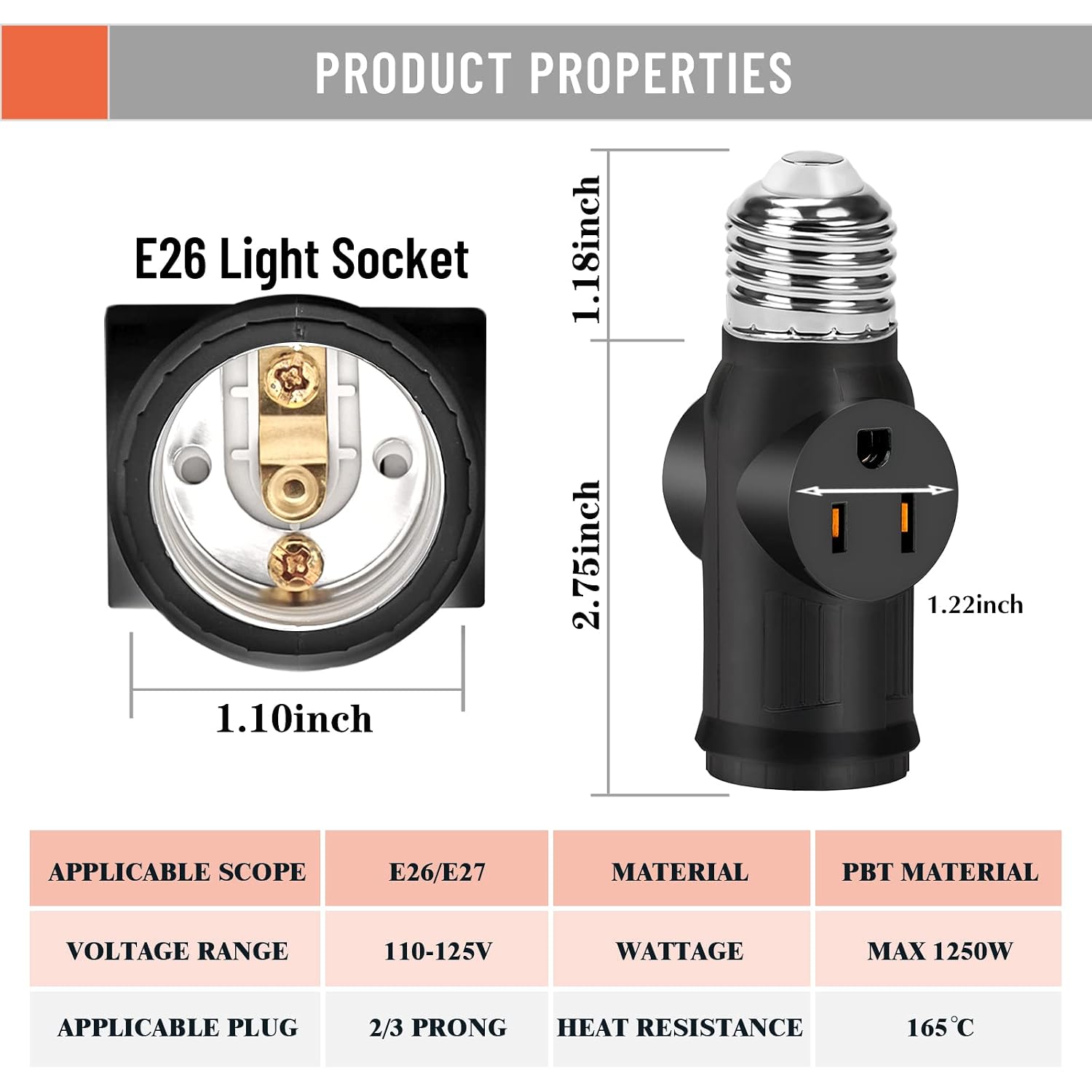 2 Pack Ladiwanka Standard Bulb Socket to 2/3 Plug Socket Adapter, E26 to 2/3 Pole Multi-Plug Socket Adapter (Black)