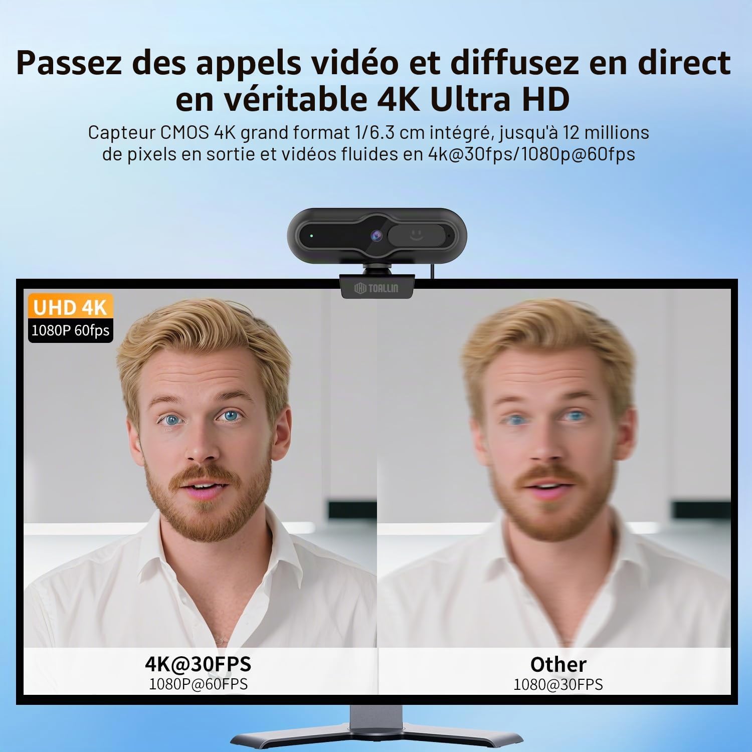 TOALLIN Webcam 4K pour PC, 1080p@60fps, capteur 1/2,5", autofocus PDAF, Microphone intégré et Cache de confidentialité, Webcam USB pour Ordinateur Portable, conférences, Streaming et appels vidéo
