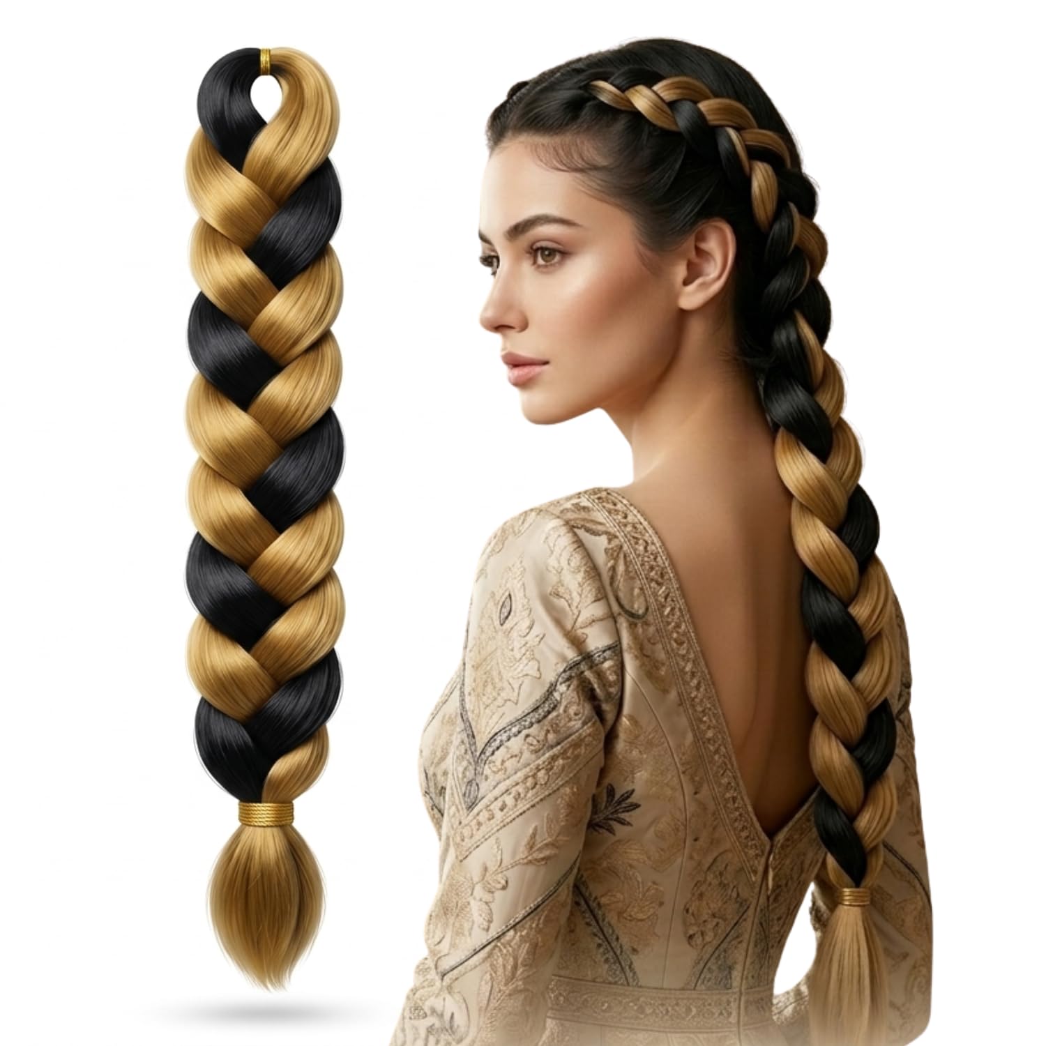 Jumbo Synthetic Hair Braid Extension 41 Inch Thick Long Parandi Style Hair Extension for Women & Girls Heat Resistant (Up to 180°C) | Voluminous 165g Braid for Party, Bridal & Daily Styling (Black Golden)-image-10