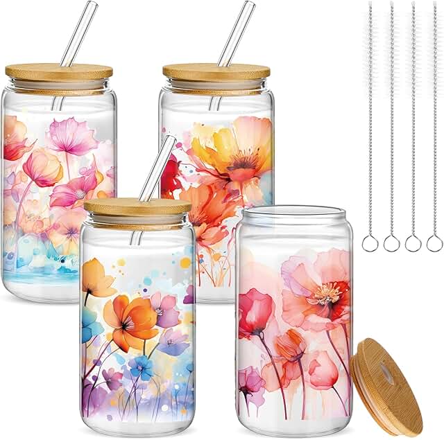Mumufy 4 Pack 16 oz Watercolor Floral Glass Tumbler with Bamboo Lid & St...