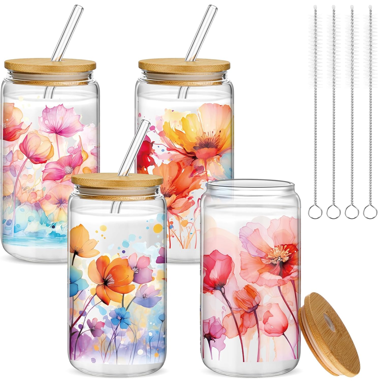 Mumufy 4 Pack 16 oz Watercolor Floral Glass Tumbler with Bamboo Lid Straw Colorful Garden Flower Iced Coffee