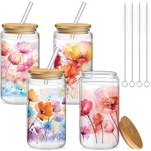 Mumufy 4 Pack 16 oz Watercolor Floral Glass Tumbler with Bamboo Lid Straw Colorful Garden Flower Iced Coffee