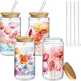 Mumufy 4 Pack 16 oz Watercolor Floral Glass Tumbler with Bamboo Lid & Straw, Colorful Garden Flower Iced Coffee Mug, Reusable Aesthetic Drinkware, Christmas/mother's Day/birthday Gift for Mom Sister